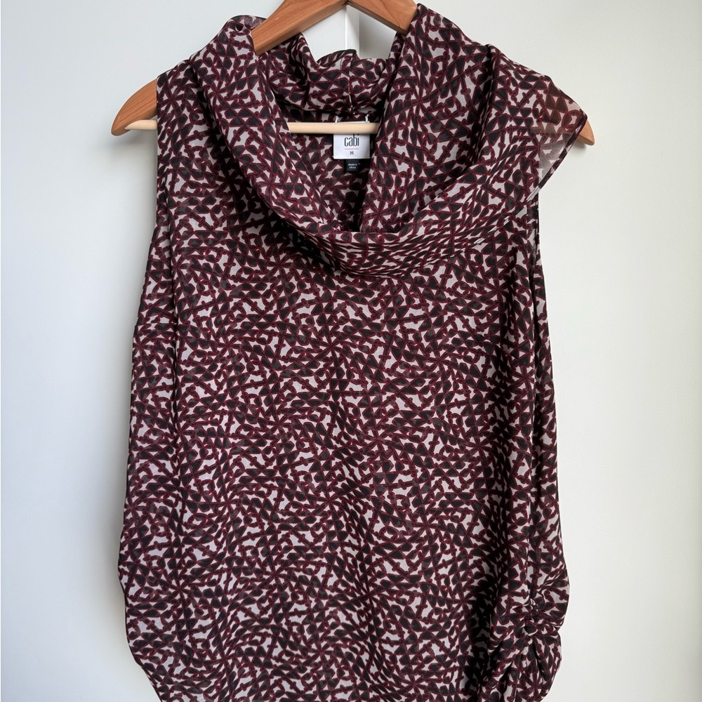 Cabi Burgundy Geometric Cowl-Neck Sleeveless Blouse • Size M